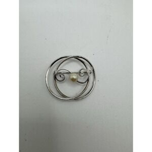 Vintage V.D. Sterling Silver Pearl Mid Century Modern Swirl‎ Circle Brooch Pin